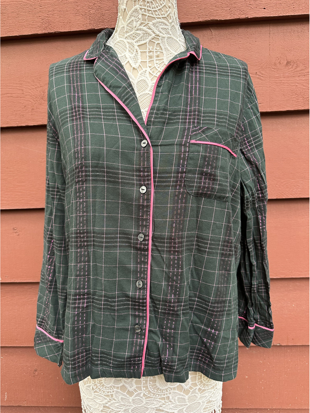 Victoria's Secret Green‎ Plaid Pajama Shirt with Pink Piping